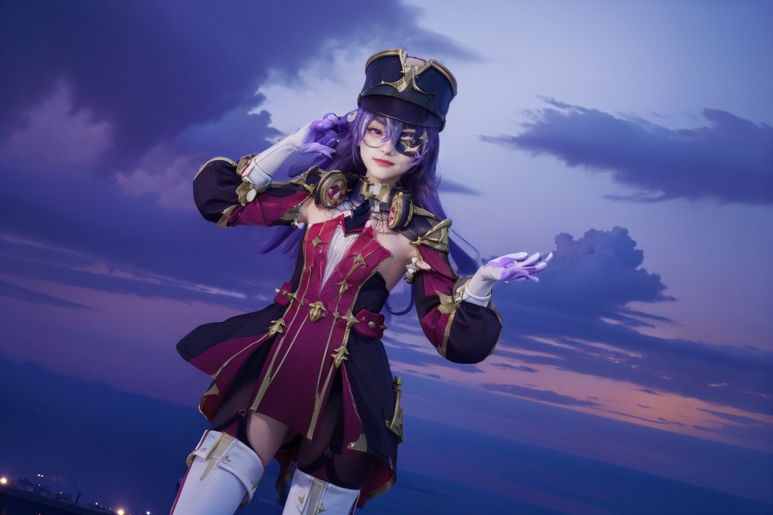 (masterpiece, best quality:1.2),
1girl,
(solo:1.5),
(cowboy shot:0.7),
(from side way:0.2),
(thigh:0.3),
(((Photo album photo composition))),

xiawolei, hat, long hair, (purple hair), purple eyes, gloves, (eyepatch), shako cap, thighhighs, thigh boots,
little smile,
look at viewer,
night, clouds,


(floating hair:1.1),More Detail,