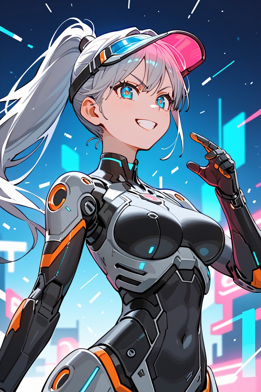 (score_9, score_8_up, score_7_up), (((1girl))), 

(long silver hair, sleek ponytail, futuristic visor), (stylish cyber uniform, metallic details, glowing patterns), (confident expression, determined smile, ready stance), (medium shot, upward angle, bright neon colors), massive robot, sprawling metropolis, night sky, vibrant lights, bustling crowds, dynamic energy, anime-inspired style, detailed textures