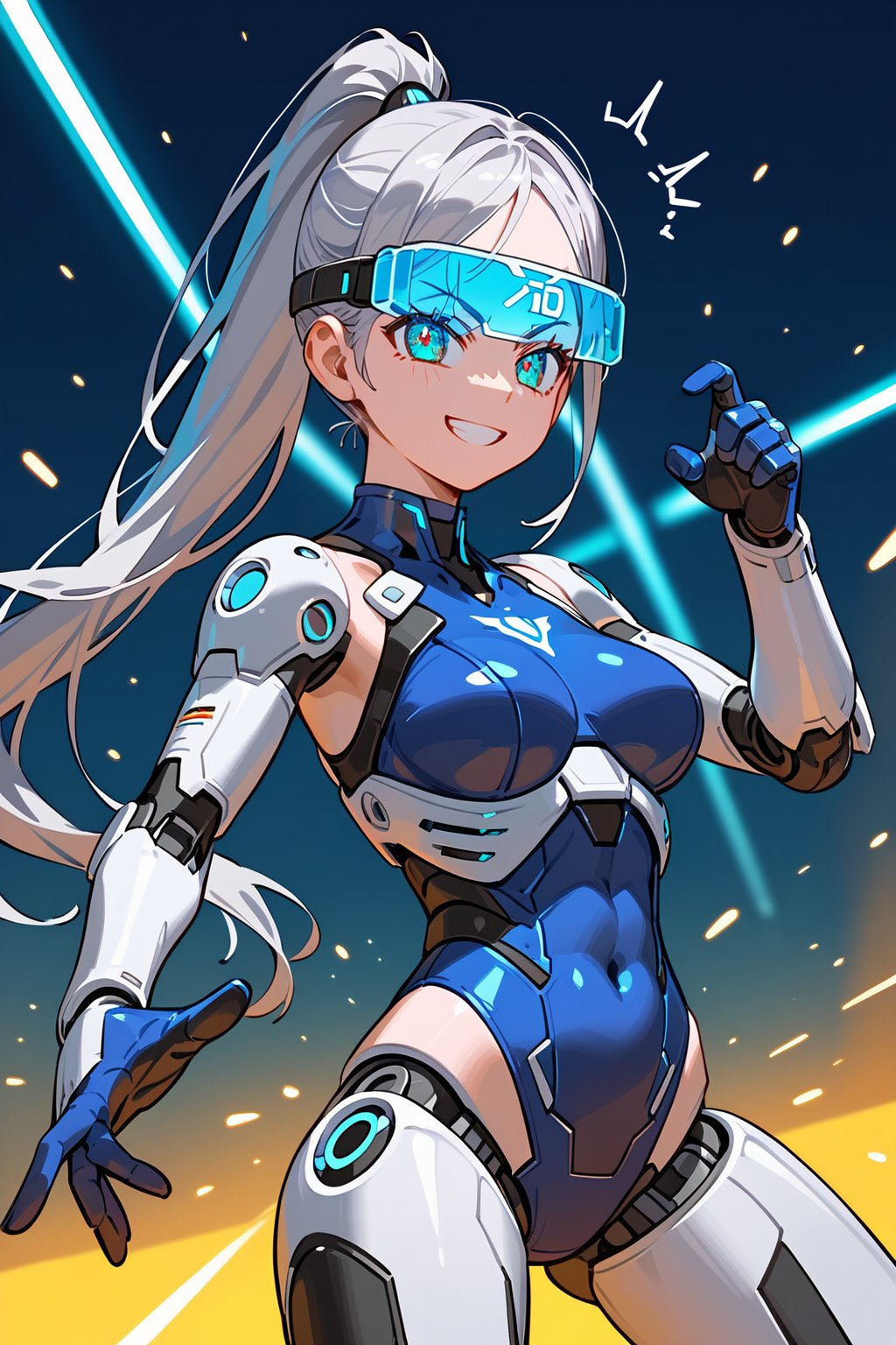 (score_9, score_8_up, score_7_up), (((1girl))), 

(long silver hair, sleek ponytail, futuristic visor), (stylish cyber uniform, metallic details, glowing patterns), (confident expression, determined smile, ready stance), (medium shot, upward angle, bright neon colors), massive robot, sprawling metropolis, night sky, vibrant lights, bustling crowds, dynamic energy, anime-inspired style, detailed textures,alya_imoto