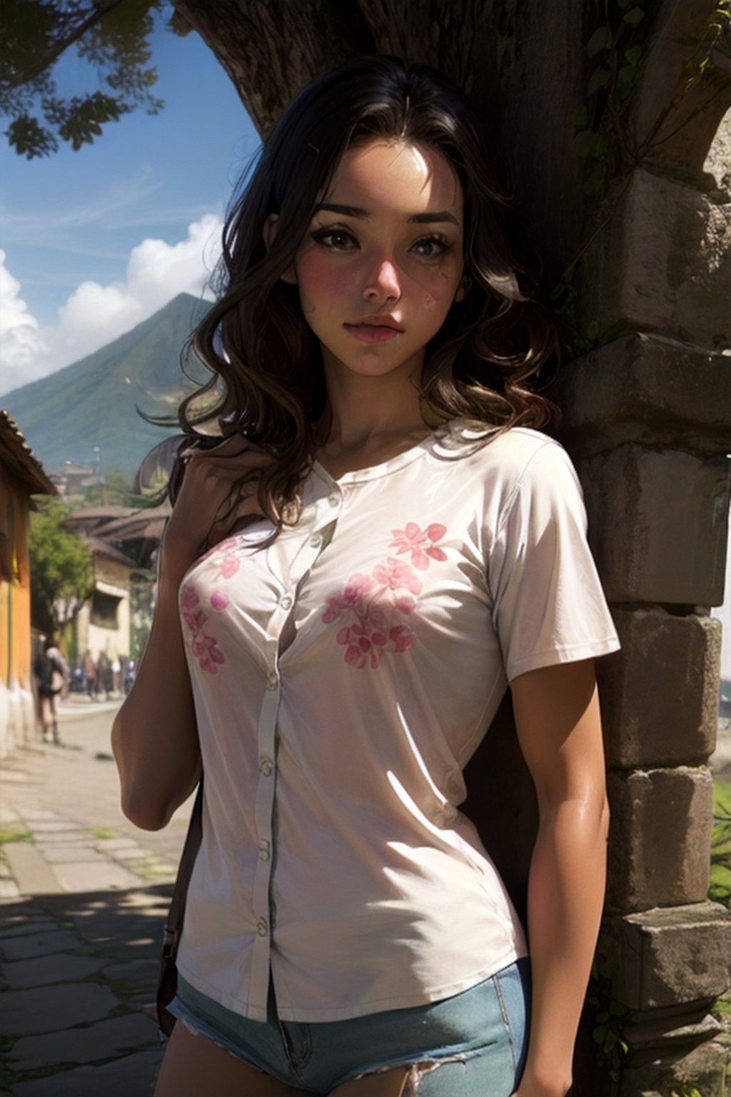 escort service, high_resolution, realistic, hair, teenage girl, tree, flower, naked_shirt, antigua guatemala, central america, 