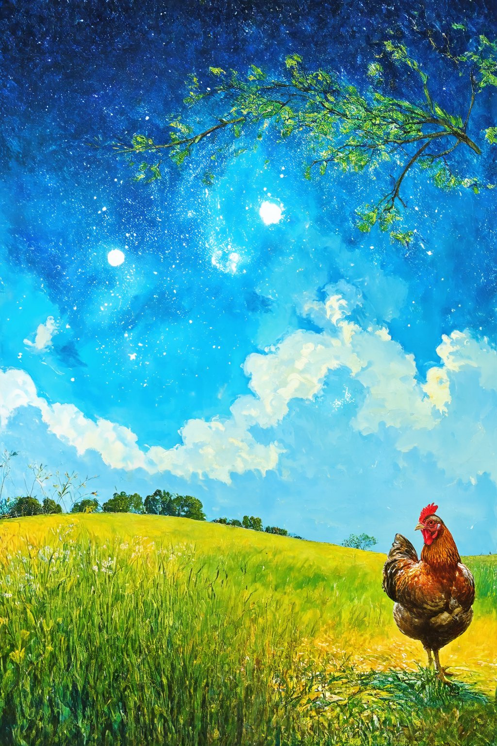 solo, outdoors, sky, cloud, tree, no humans, night, 1chicken, grass, chicken focus, starry night,  van Gogh