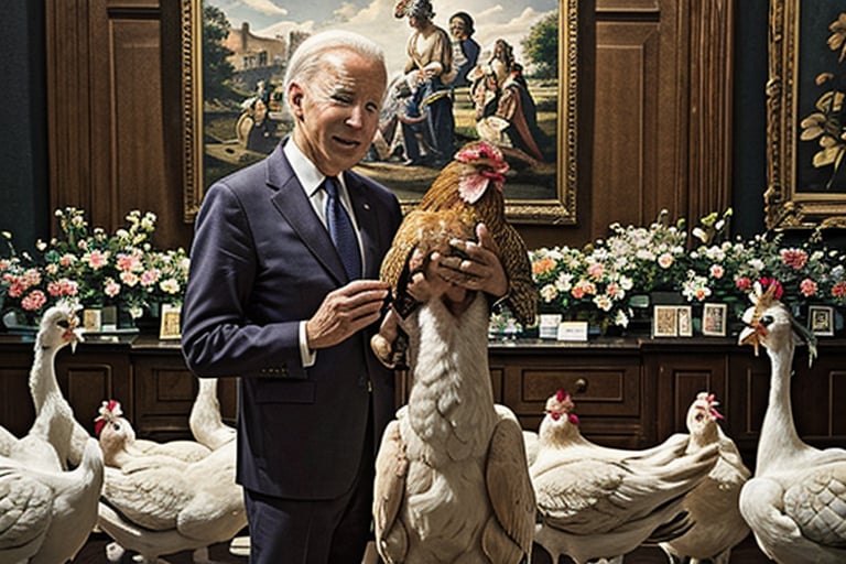 Joe Biden, a dignified statesman with a history of public service, stands resolute in a chaotic political landscape, accompanied by a smart chicken who perches on his shoulder, as if offering wise counsel. His deep, compassionate eyes reflect both compassion and wisdom, framed by silver hair that speaks of decades of experience. This powerful portrait captures the essence of leadership and integrity in a time of uncertainty. The brush strokes are masterful, bringing a sense of life and energy to the canvas. Every detail, from the subtle creases in his suit to the subtle smile on his lips, adds to the overall sense of authority and gravitas. The chicken's intelligent gaze seems to add an extra layer of wisdom to the scene.