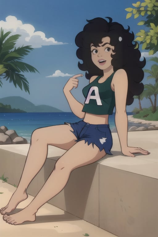 Daisy, 1girl, long hair, black hair, shorts, barefoot, midriff, crop top, tank top, blue shorts, big hair, afro, Daisy Mayhem,