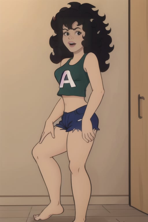 Daisy, 1girl, long hair, black hair, shorts, barefoot, midriff, crop top, tank top, blue shorts, big hair, afro, Daisy Mayhem,