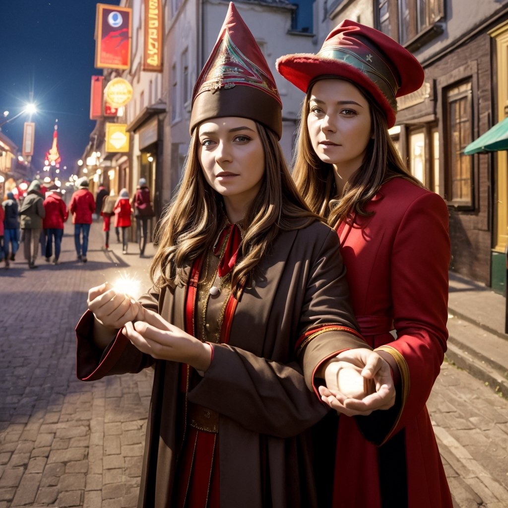 ((Masterpiece, realistic photo)), beyond the black rainbow, Dutch angle, mature woman, a bright blood-red wizard hat, colorful, magical, beautiful, street woman is ready to cast a great spell for people, festive, warm feeling, cheerful,Margav1-01V1