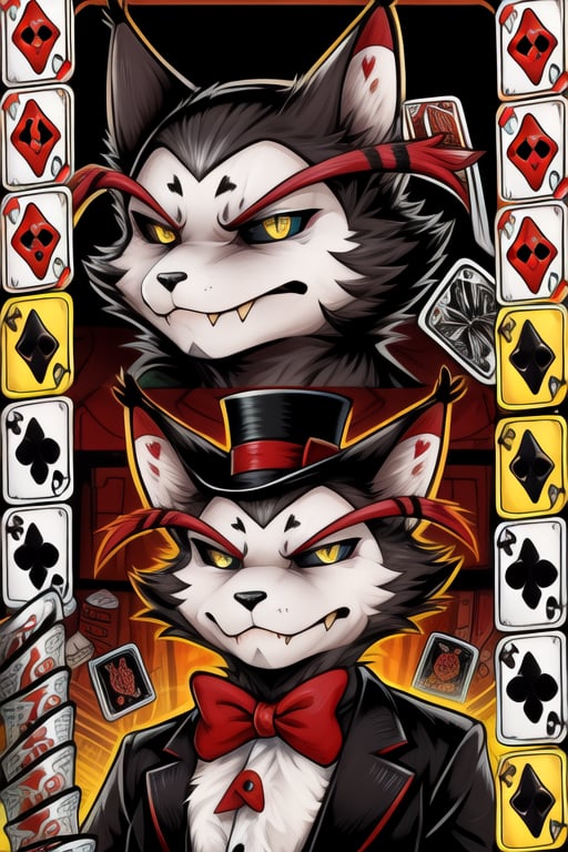 hazbin,Husk is an anthropomorphic avian cat demon. His look is evocative of a magician, paired with a casino referencing playing card theme. The sclera of his eyes are black, with light yellow irises and slit pupils,black body
