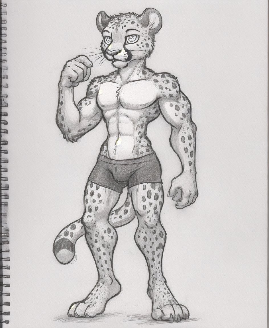 muscular, (cheetah, whiskers, black spots, long arms, long legs, paws, pawpads), solo, anthro, bright eyes, ((slim waist)), (male:1.1), underwear, boxer briefs,  ((black underwear, furgonomics)),  best quality), simple background, sketch, monochrome, greyscale, traditional media,by squeedge