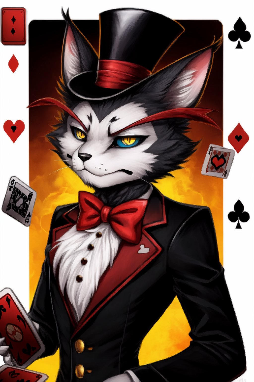 hazbin,Husk is an anthropomorphic avian cat demon. His look is evocative of a magician, paired with a casino referencing playing card theme. The sclera of his eyes are black, with light yellow irises and slit pupils,black body
