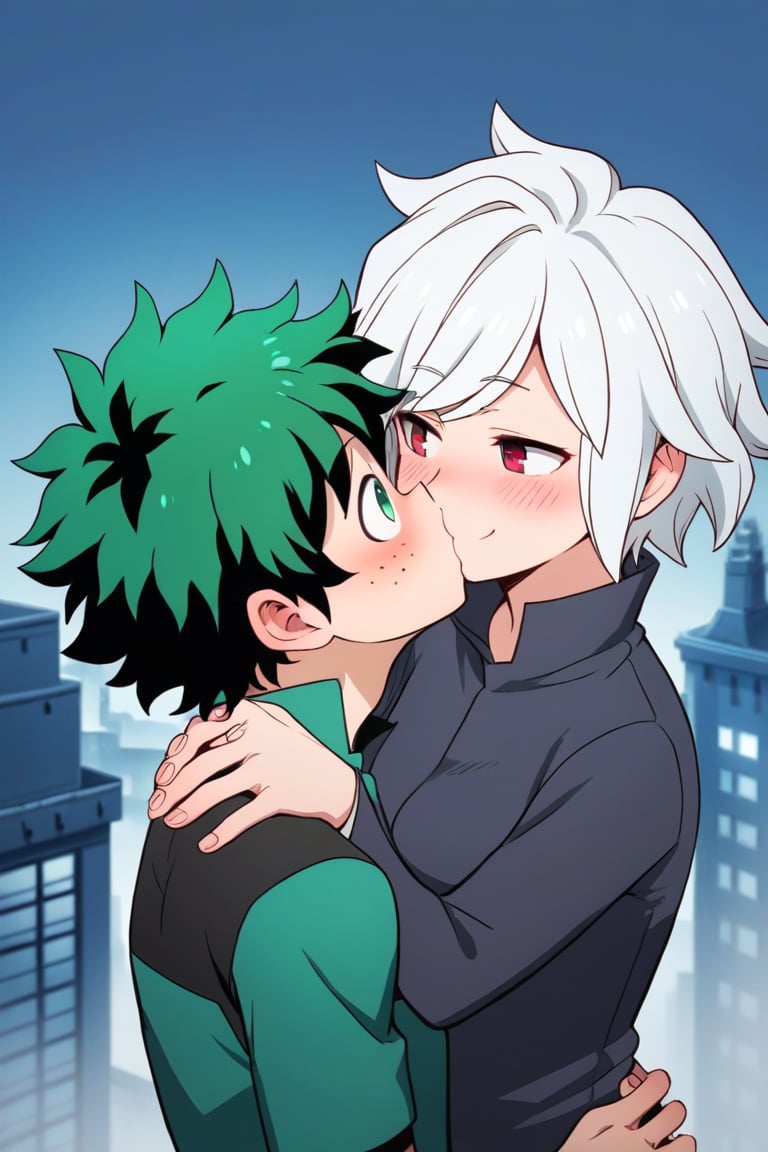 source_anime, score_7_up, score_8_up, score_9_up,1 boy,bell cranel,smile,blush, bitten face,naughty face,whitle hair, red  eyes,1 boy,izuku_midoriya,shy face,surprised face,green hair, green eyes, short hair,(((kiss))),(((deep in love))),rooftop,city background fog