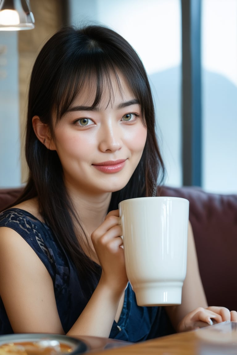 A beautiful young Japanese woman is sitting on the sofa seat of cafeteria and leisurely drinking a cup of hot latte. This...