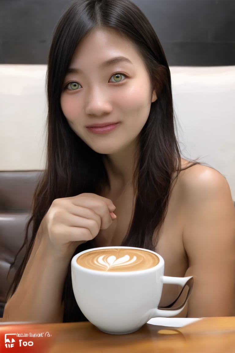 A beautiful young Japanese woman is sitting on the sofa seat of cafeteria and leisurely drinking a cup of hot latte. This woman's skin is quite tanned and covered with sweat,masterpiece,best quality,ultra detailed face,ultra detailed,4k,green eyes,green_eyes,Glow,Face,Neon