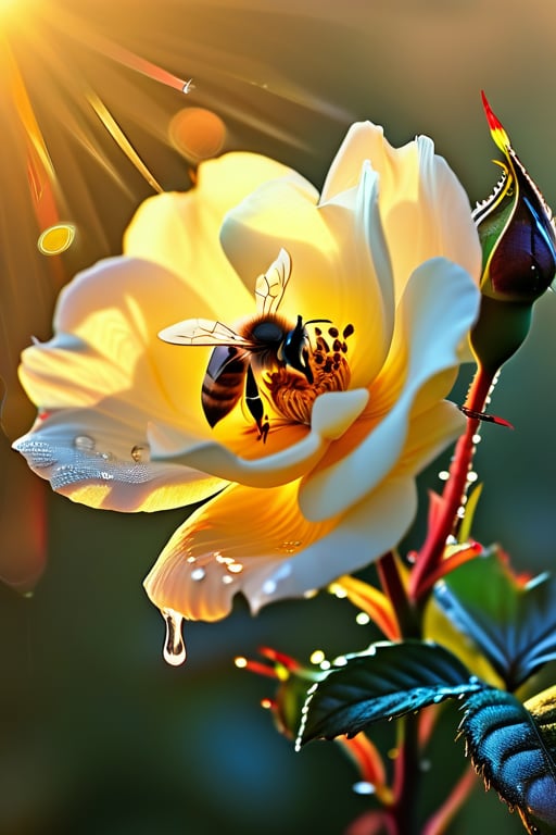 A turkish rose and a honey bee in the morning sun started to shine, dew drops radiated rays