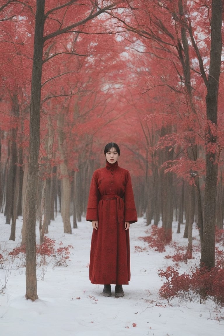 dal, photo, photo of mother nature made of dead red plants, winter forest, photorealistic, mother nature bleeds, korean,