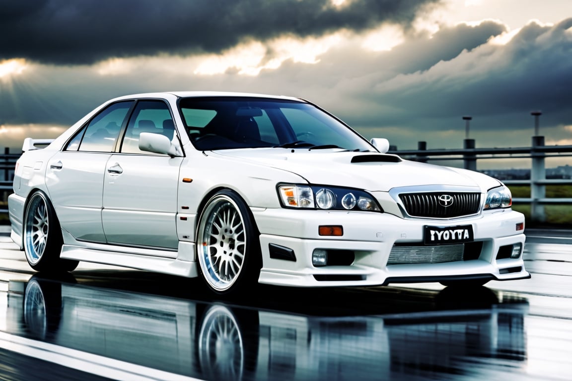 A depiction of a Toyota chaser Lowered Suspension, White, black rubber tyres, ((silver wheels)),  parked on the road in a Heavenly area background, at Day time, Dull sky, Front Side view, (symmetrical), (symmetrical lights) ,more detail XL,H effect