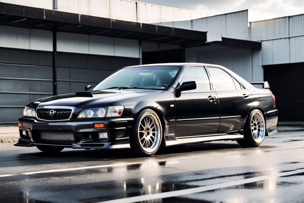 A depiction of a Toyota chaser Lowered Suspension, Black, black rubber tyres, ((silver wheels)),  parked on the road in a Heavenly area background, at Day time, Dull sky, Front Side view, (symmetrical), (symmetrical lights) ,more detail XL,H effect