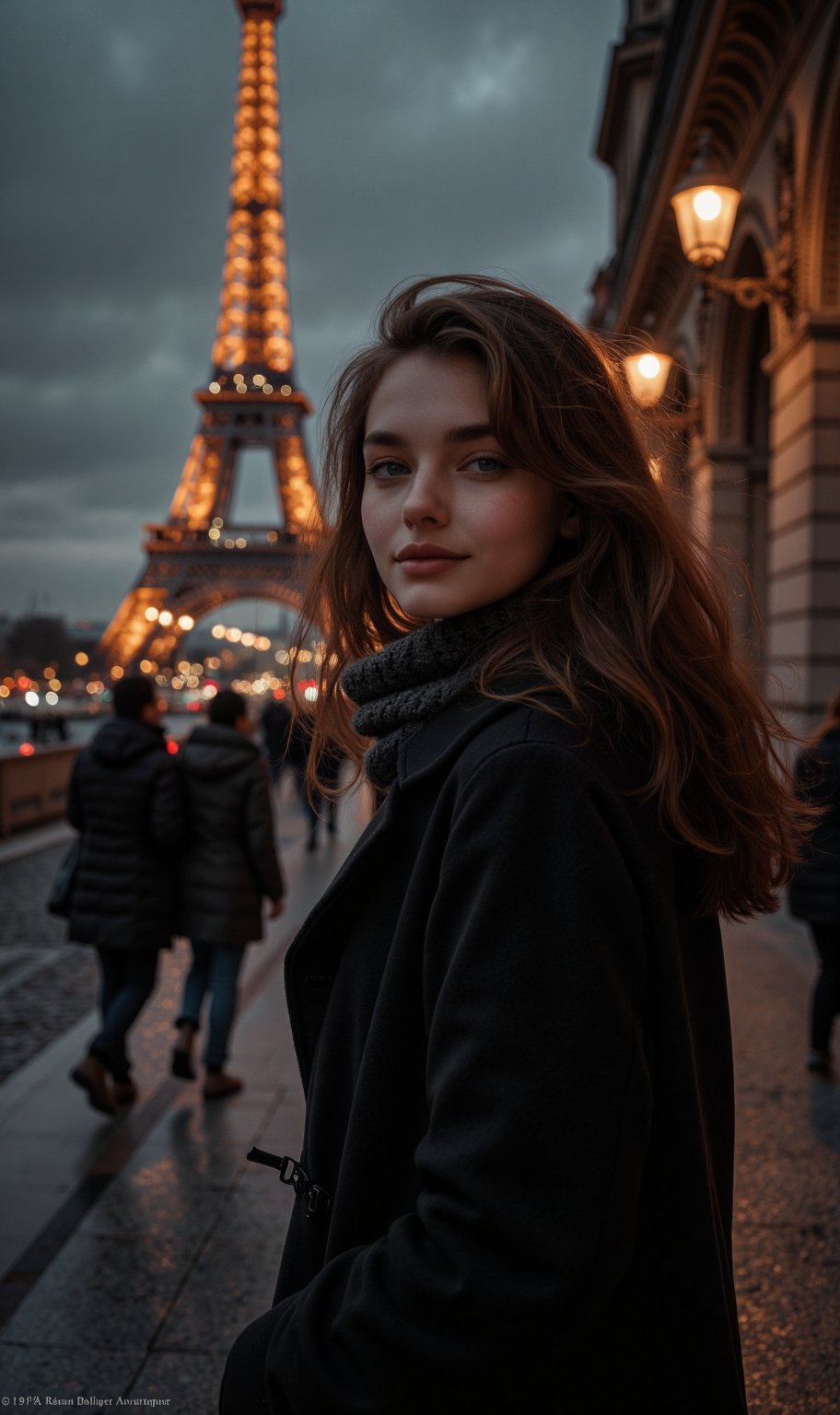 1girl, beautiful, paris, eiffel, night, masterpiece, best quality, high resolution, 8k, sharp focus, cinematography, cinematic lighting, movie scene, muted colors, professional, depth of field, photorealistic, magnificent, maximum details, (RAW, dslr, hdr, highest quality), smooth, roughness, hyper realistic, film grain, bokeh, epic, dramatic, wearing long coat, cinematic long shot, wide shot, full body shot, her long, looking at camera, smile, stand pose,