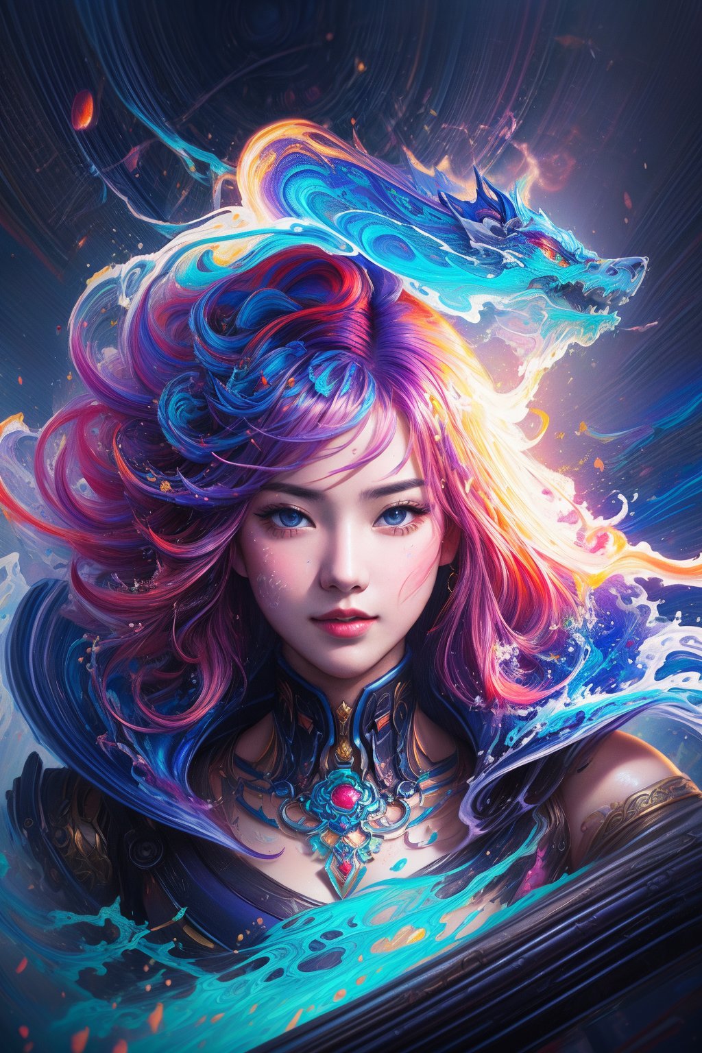 Maximaliset Rococo. Astral Escape! Splash art, portrait of Vietnamese, red indigo haired Vietnamese, StarCraft Inspired, epic, artstation, splash style of colorful paint, contour, hyperdetailed intricately detailed, fantasy, unreal engine, fantastical, intricate detail, splash screen, complementary colors, fantasy concept art, 16k resolution, deviantart masterpiece, oil painting, heavy strokes, paint dripping, splash arts, neon ambiance, muted colors, watercolor style, filigree detailed, rim lighting, magic, surreal, fantasy, ultra, realistic, sharp features, highly detailed, sharp focus, muted colors, perfect face, perfect eyes, perfect full lips, supple female form, vivid, cinematic, Film light, Hyper detailed, Hyper realistic, masterpiece, atmospheric, high resolution, vibrant, dynamic studio lighting, wlop, Glenn Brown, Carne Griffiths, Alex Ross, artgerm and james jean. spotlight, tilt shift camera.,3d style,cyborg style,mecha