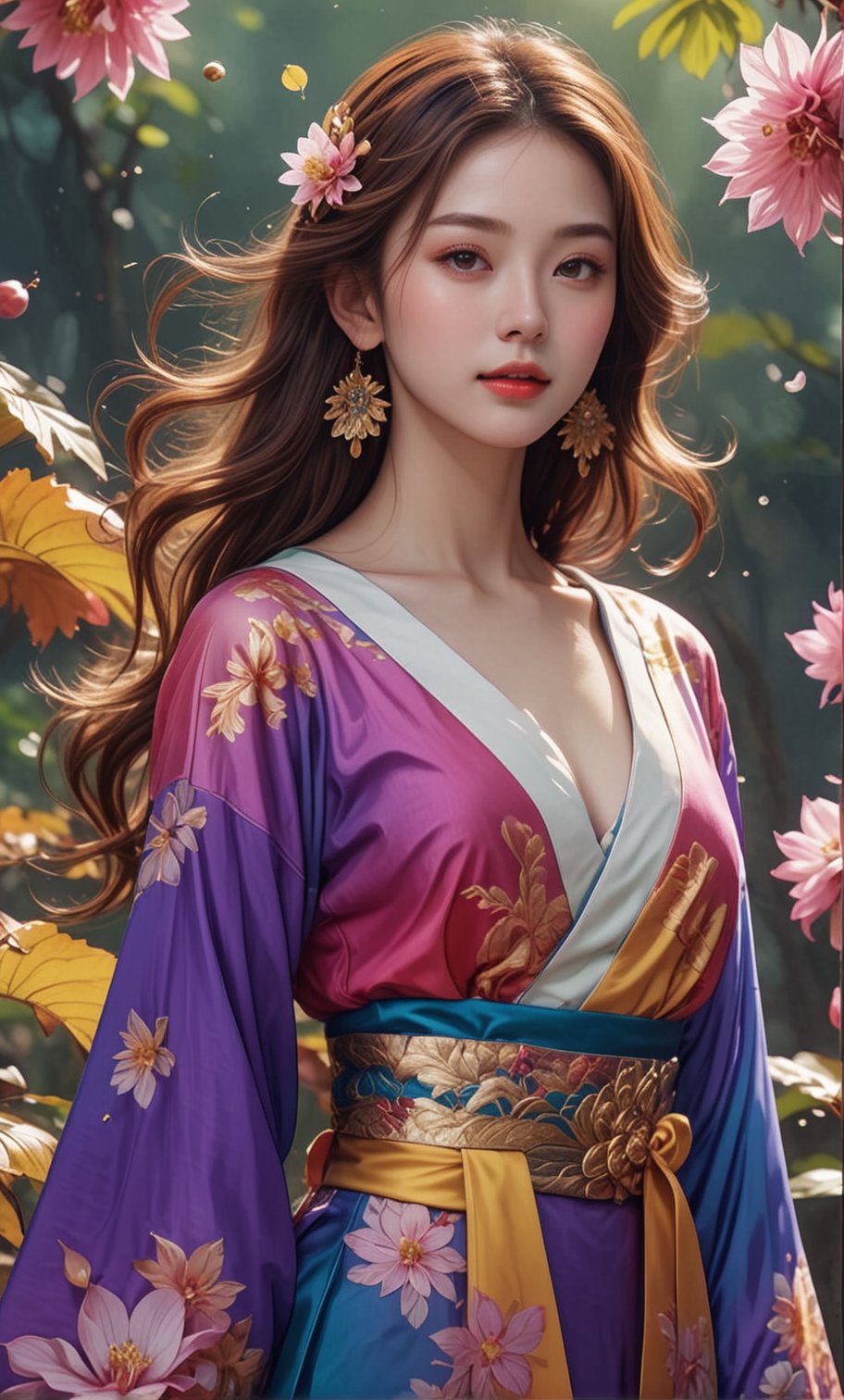 Chestnut hair, violet eyes, happiness, traditional_japanese_clothes, exquisite hair ornament, long legs, perfect proportions, beautiful and perfect hands, long hair with chestnut mesh, well-proportioned round face, well-proportioned big eyes, sparkling eye highlights, plump glossy lips, white skin, (masterpiece, best quality, best quality, official art, beautiful and aesthetic: 1.2), (gradient light: 1.5), one girl, (fractal art: 1.3), highly detailed, highly detailed, complex, colorful, cinematic lighting, spatial design, inspiration, beautiful CG art, mystical, multicolor, psychedelic art, movie scenes, galaxy,,,,,<lora:659095807385103906:1.0>