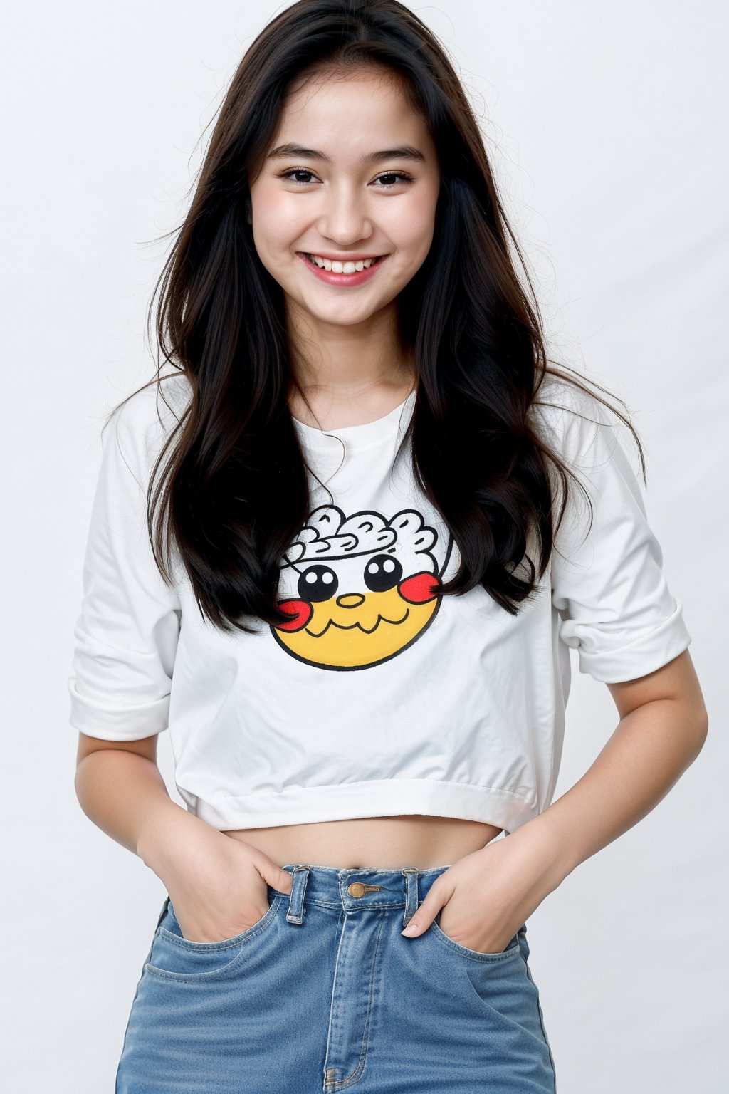 high quality, cute stickers, style cartoon, white border, cute Super Deformed Character, colorful, Detailed illustration of a woman with her hands in her pockets in a bohemian style outfit, by yukisakura, awesome full color, Realism, 1girl, most beautiful korean girl, Korean beauty model, extremely detailed beautiful girl, stunningly beautiful girl, gorgeous girl, 18yo, over sized eyes, big eyes, smiling, looking at viewer, more detail,nail polish,bodypaint