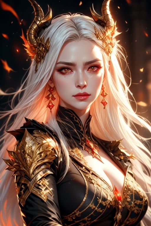 1 photograph, detailed lips, portrait, 1 female, angry smile, (white hair), long hair, neat hair, golden eyes, (beautiful face), black and gold fighting outfit, (glowing), ruby earrings, demon horns, dragon scale, ((battlefield war, ruin: background)),4k, masterpiece, (dynamic pose)),Detailed face, detailed eyes, colors,otherworldly charm, soft colors, (high-resolution:1.2), soft lighting,1 girl,yuzu, fire, flame, red dragon 