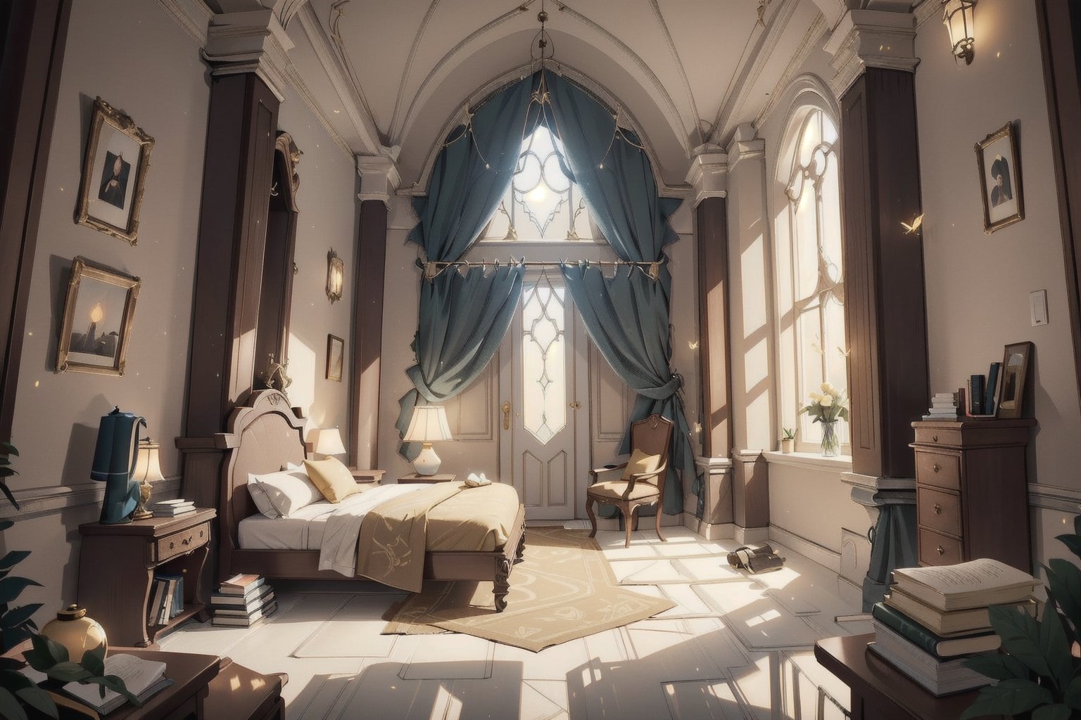 (tilt shift:1.2), cinematic scene, elven castle, elven style, luxurious elven castle, no human, inside, rich, marble floor, luxury, big room, more rich, more luxur, wrench_elven_arch, magic firefly, no humanoid, bed room, lady bedroom, luxurious bed, desk and chair 
 opened book on the desk