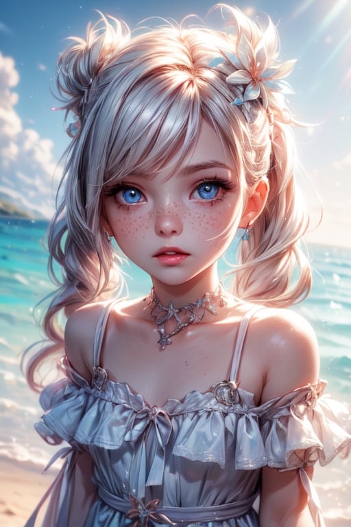 1 photograph,  detailed lips, 1 girl,  (white hair), pigtails, light blue eyes, (sparkling eyes), (young face), playful face, kids, wearing kid white dress , child, ((beach: background)), 4k,  masterpiece,  (dynamic pose)), Detailed face,  detailed eyes,  soft colors,  (high-resolution:1.2), yuzu detail, half body, cinematic lighting, High detailed, soft lighting, young face, playing on the beach, streaked hair, longhair, little girl, white flower headband, freckles, 5 years old girl