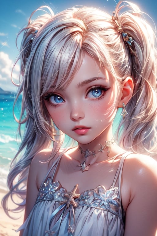 1 photograph,  detailed lips, 1 girl,  (white hair), pigtails, blue eyes, (sparkling eyes), (young face), cute face, kids, wearing white dress , child, ((beach: background)), 4k,  masterpiece,  (dynamic pose)), Detailed face,  detailed eyes,  soft colors,  (high-resolution:1.2), yuzu detail, half body, cinematic lighting, High detailed, Saturated colors, young face, Color saturation,Color saturation,High detailed, playing on the beach, streaked hair, longhair