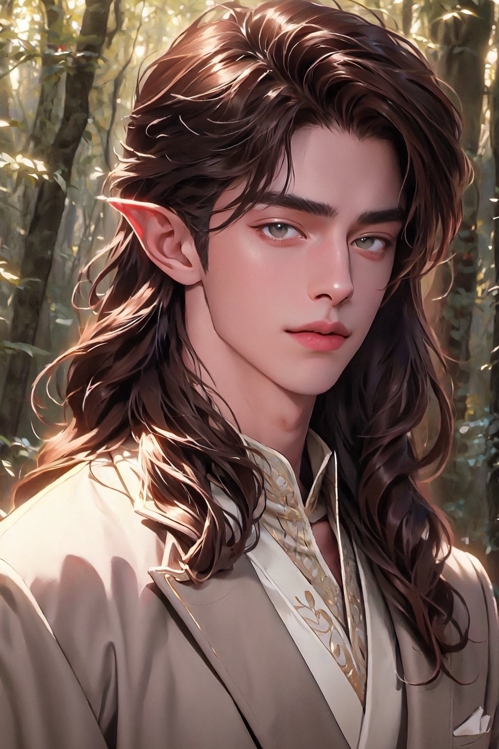 1 photograph, detailed lips, portrait, 1 male, calm face, amature face, (brown hair), long hair, straight hair, light grey eyes, (handsome), wearing noble outfit, duke outfit, (right side), (glowing), ((forest: background)),4k, masterpiece, (dynamic pose)),elf ears, pointed ears,male, amature,Detailedface