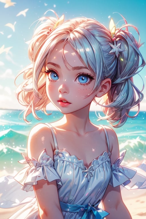 1 photograph,  detailed lips, 1 girl,  (white hair), pigtails, blue eyes, (sparkling eyes), (young face), cute face, kids, wearing white dress , child, ((beach: background)), 4k,  masterpiece,  (dynamic pose)), Detailed face,  detailed eyes,  soft colors,  (high-resolution:1.2), yuzu detail, half body, cinematic lighting, High detailed, Saturated colors, young face, Color saturation,Color saturation,High detailed, playing on the beach, streaked hair, longhair, little girl