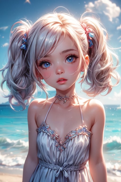 1 photograph,  detailed lips, 1 girl,  (white hair), pigtails, blue eyes, (sparkling eyes), (young face), cute face, kids, wearing white dress , child, ((beach: background)), 4k,  masterpiece,  (dynamic pose)), Detailed face,  detailed eyes,  soft colors,  (high-resolution:1.2), yuzu detail, half body, cinematic lighting, High detailed, Saturated colors, young face, Color saturation,Color saturation,High detailed, playing on the beach, streaked hair, longhair, little girl