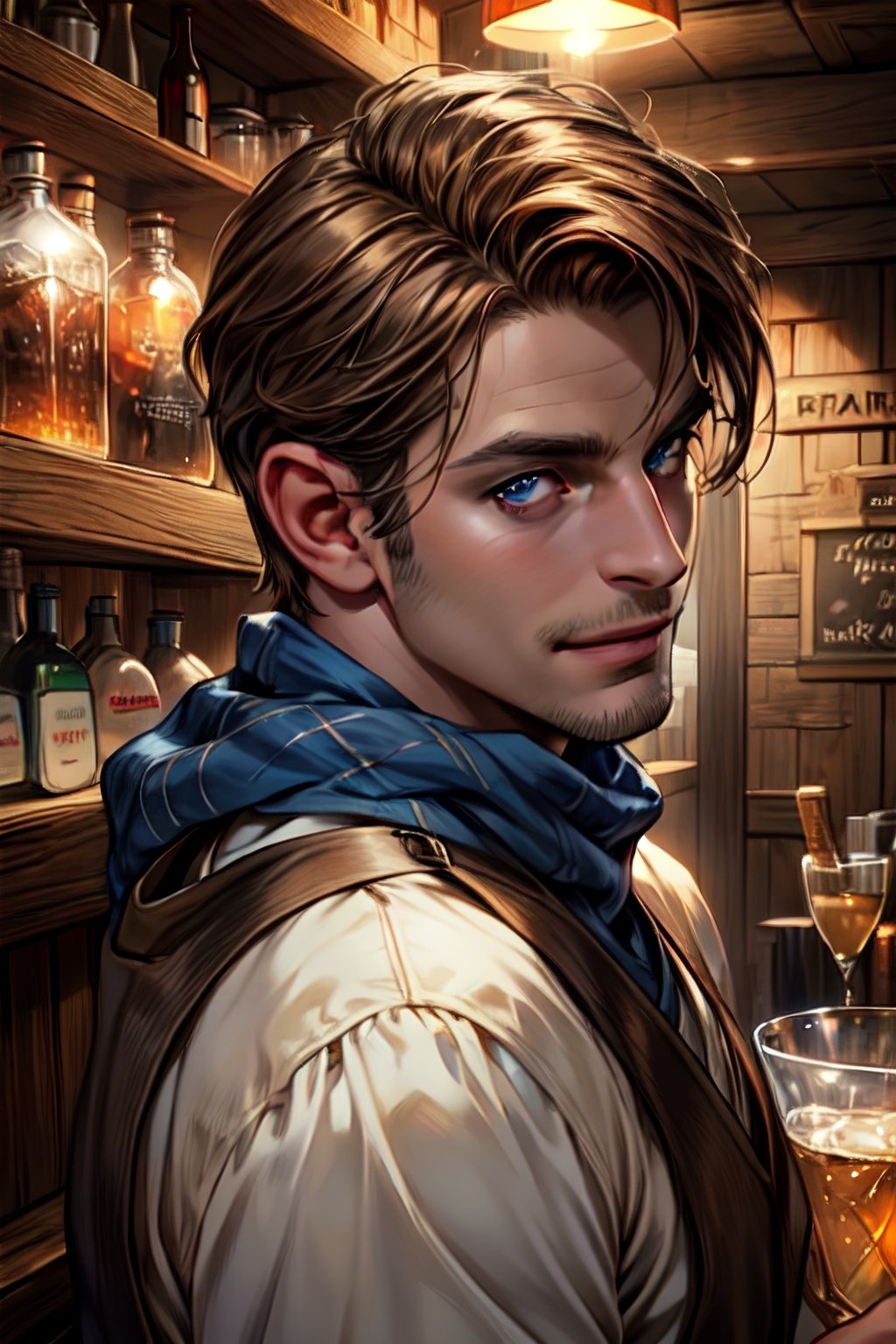 1 photograph, detailed lips, portrait, 1 male, mysterious face, mature face, (brown hair), short hair, neat hair, blue eyes, (handsome), wearing peasant cloth, (right side), (glowing), ((tavern bar: background)),4k, masterpiece, (dynamic pose)), Male, cheap outfit, mysterious slightly smile, german male