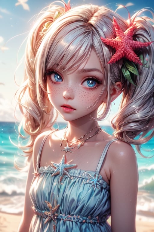 1 photograph,  detailed lips, 1 girl,  (white hair), pigtails, blue eyes, (sparkling eyes), (young face), cute face, kids, wearing kid white dress , child, ((beach: background)), 4k,  masterpiece,  (dynamic pose)), Detailed face,  detailed eyes,  soft colors,  (high-resolution:1.2), yuzu detail, half body, cinematic lighting, High detailed, Saturated colors, young face, Color saturation,Color saturation,High detailed, playing on the beach, streaked hair, longhair, little girl, flower_hair_ornament, holding starfish, freckles