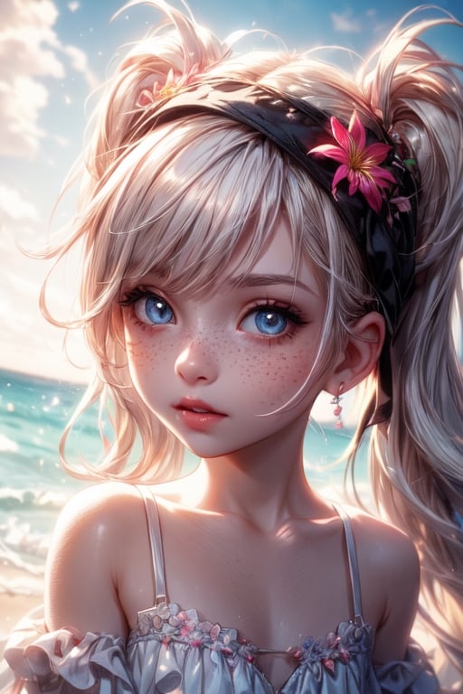 1 photograph,  detailed lips, 1 girl,  (white hair), pigtails, light blue eyes, (sparkling eyes), (young face), playful face, kids, wearing kid white dress , child, ((beach: background)), 4k,  masterpiece,  (dynamic pose)), Detailed face,  detailed eyes,  soft colors,  (high-resolution:1.2), yuzu detail, half body, cinematic lighting, High detailed, soft lighting, young face, playing on the beach, streaked hair, longhair, little girl, flower headband, freckles, 