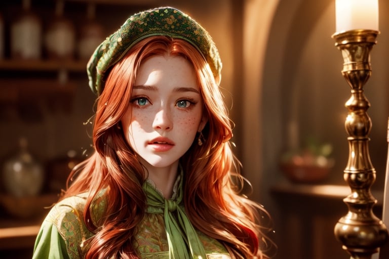 1 photograph, detailed lips, portrait, 1 female, (red hair), longhair, green eyes, (beautiful face), peasant dress, commoner cloth, ((tavern kitchen: background)),4k, masterpiece, (dynamic pose)), Detailed face, detailed eyes, soft colors, (high-resolution:1.2), soft lighting, cinematic scene, freckles, no accessory, wearing brown headscarf, perfect eyes, detailed eye, wearing brown apron, long sleeve dress, yuzu,plaindoll,beautiful edgArg_woman