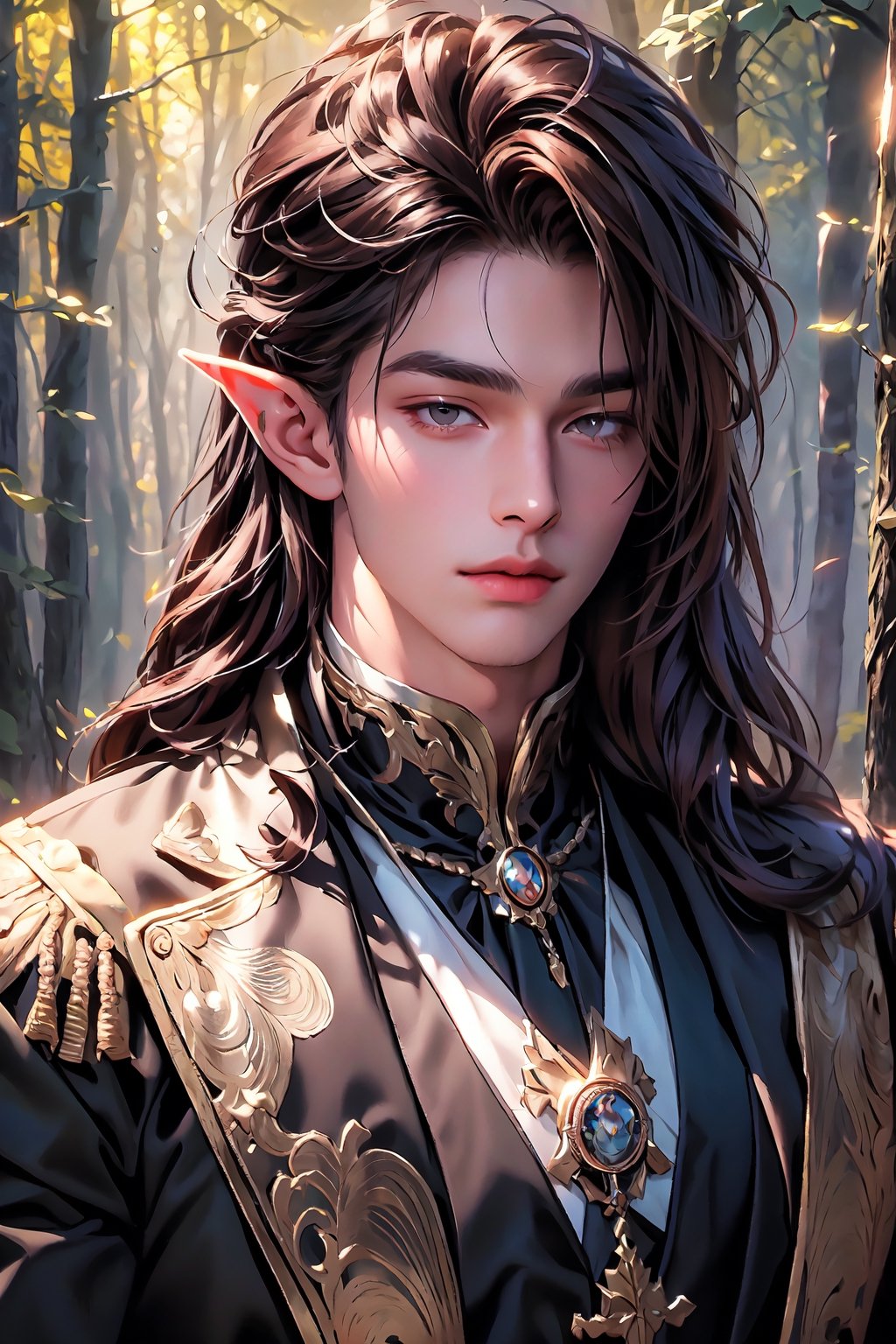 1 photograph, detailed lips, portrait, 1 male, calm face, amature face, (brown hair), long hair, neat hair, grey eyes, (handsome), wearing noble outfit, duke outfit, (right side), (glowing), ((forest: background)),4k, masterpiece, (dynamic pose)),elf ears, pointed ears,male, amature