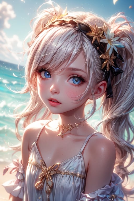 1 photograph,  detailed lips, 1 girl,  (white hair), pigtails, blue eyes, (sparkling eyes), (young face), cute face, kids, wearing white dress , child, ((beach: background)), 4k,  masterpiece,  (dynamic pose)), Detailed face,  detailed eyes,  soft colors,  (high-resolution:1.2), yuzu detail, half body, cinematic lighting, High detailed, Saturated colors, young face, Color saturation,Color saturation,High detailed, playing on the beach, streaked hair, longhair, little girl, flower_hair_ornament, flower crown