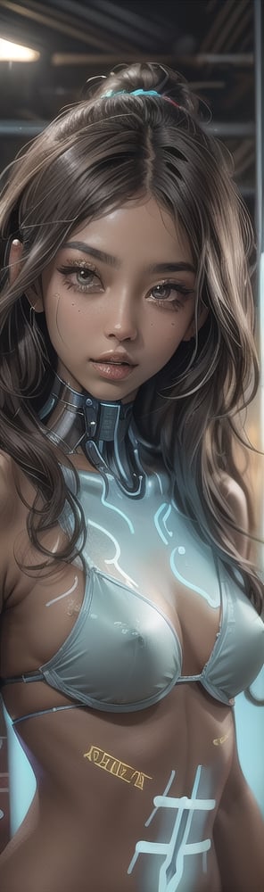 Stunning sexy cyborg-indigenous-woman, traditional neon body painting, Brazilian Indians, metallic cyborg parts, facial neon paint, tanned skin, bright brown skin, neon futuristic scenario in the background ,Cyberpunk, Immortal cyborg,leonardo