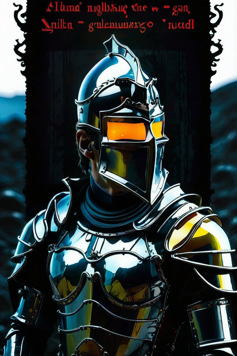 A conceptual photograph of a man made of gleaming liquid metal, in shades of gray, adorned in intricate medieval knight armor. The dark, mysterious aesthetic is highlighted with vibrant colors for a cinematic feel. The background shows a dark, mystical landscape, with typography in the foreground adding depth to the portrait. The high-quality, ultra-detailed image embodies dark fantasy in a conceptually arresting manner.