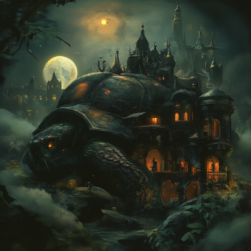 Moonlit Realm: A majestic turtle navigates through a veil of misty darkness, its shell transformed into a Gothic castle with intricate spires and arches aglow under the lunar light. The air is heavy with mystery as lush foliage surrounds the scene, blending rich textures with whimsical realism. Deep shadows and radiant highlights evoke an otherworldly atmosphere, reminiscent of Boris Vallejo's mystical realms.,vibrant painting,tangtengpho