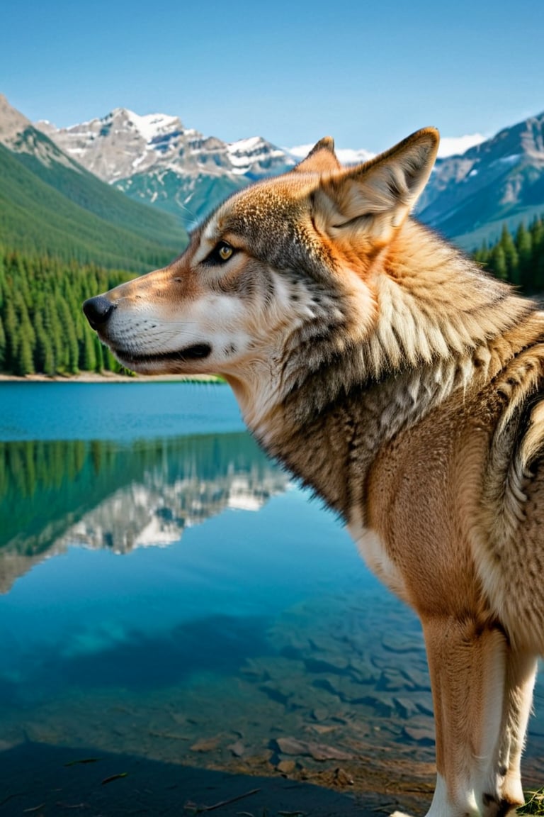Create a visually stunning masterpiece featuring the silhouette of an alpha wolf's profile,  intricately detailed to displ...