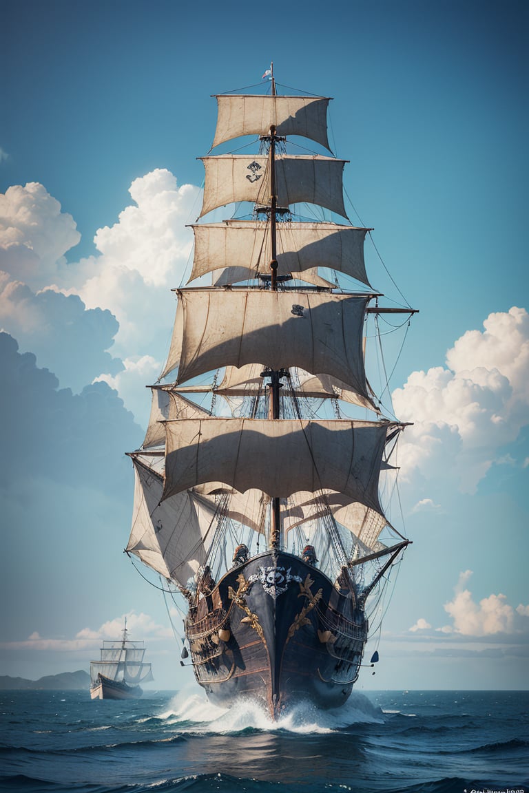 (Masterpiece, high quality, best quality, official art, beauty and aesthetics: 1.2), ((Pirate ship "Black Pearl")) from "Pirates of the Caribbean", standing near the shore, in the style of Claude Lorrain,
 blue theme, surrealist dream style, cream organic fluid, light tracing, foreground occlusion, natural light, jungle, c4d, OC rendering, product photography