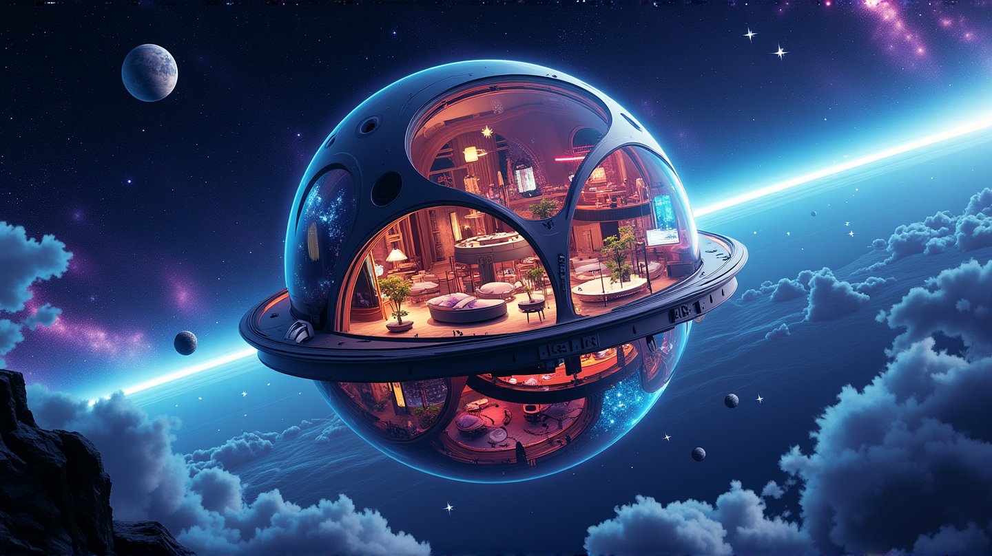 An illustration of a spherical hotel in orbit called "Cosmic Retreat." The hotel has transparent walls that showcase the starry sky. Inside the hotel, there are anti-gravity beds floating in serene cabins. There is a lush zero-gravity garden with bioluminescent plants. There are flowing display screens mapping the cosmos. There are panoramic observation decks for meteor showers. There is a unique "space menu" in a futuristic cafe. The hotel uses eco-friendly technology to recycle water and air. There are immersive virtual tours to distant planets.,vibrant painting,noc-isometric