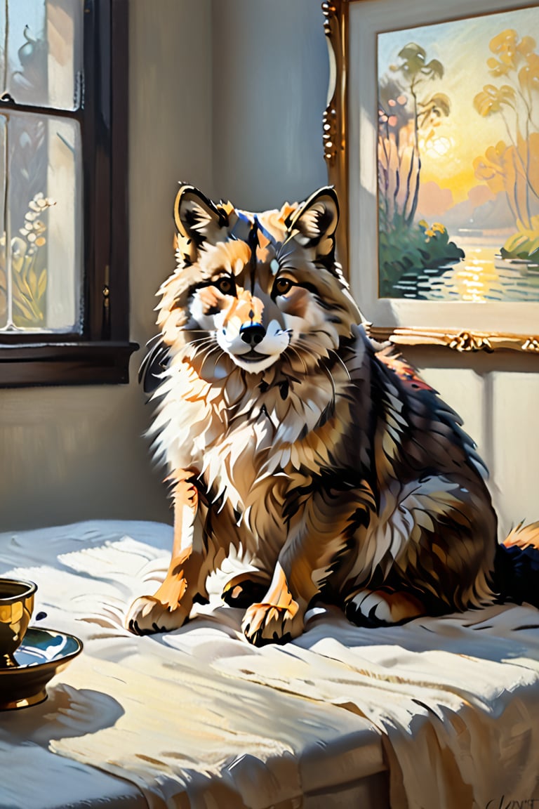 A serene and intimate portrait of a luxurious furred subject,  bathed in soft,  impressionistic light. The warm tones of t...