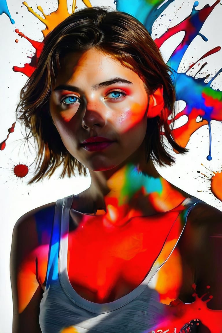 A stunning realism 3D render, professional photo ISO-150 of a young girl with short, brown hair and striking blue eyes. She wears a sleeveless white top, and her vibrant red lips add a bold pop of color. The background is a creatively abstract canvas of white and subtle paint splatters, providing an artistic atmosphere. The overall feel of the image is vivid and captivating, showcasing the artist's skill in creating a dynamic portrait., lowkey portrait of, Hunyuanportrait