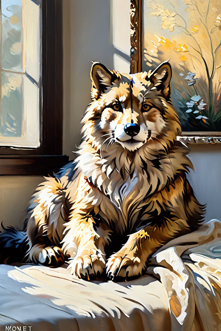 A serene and intimate portrait of a luxurious furred subject,  bathed in soft,  impressionistic light. The warm tones of t...