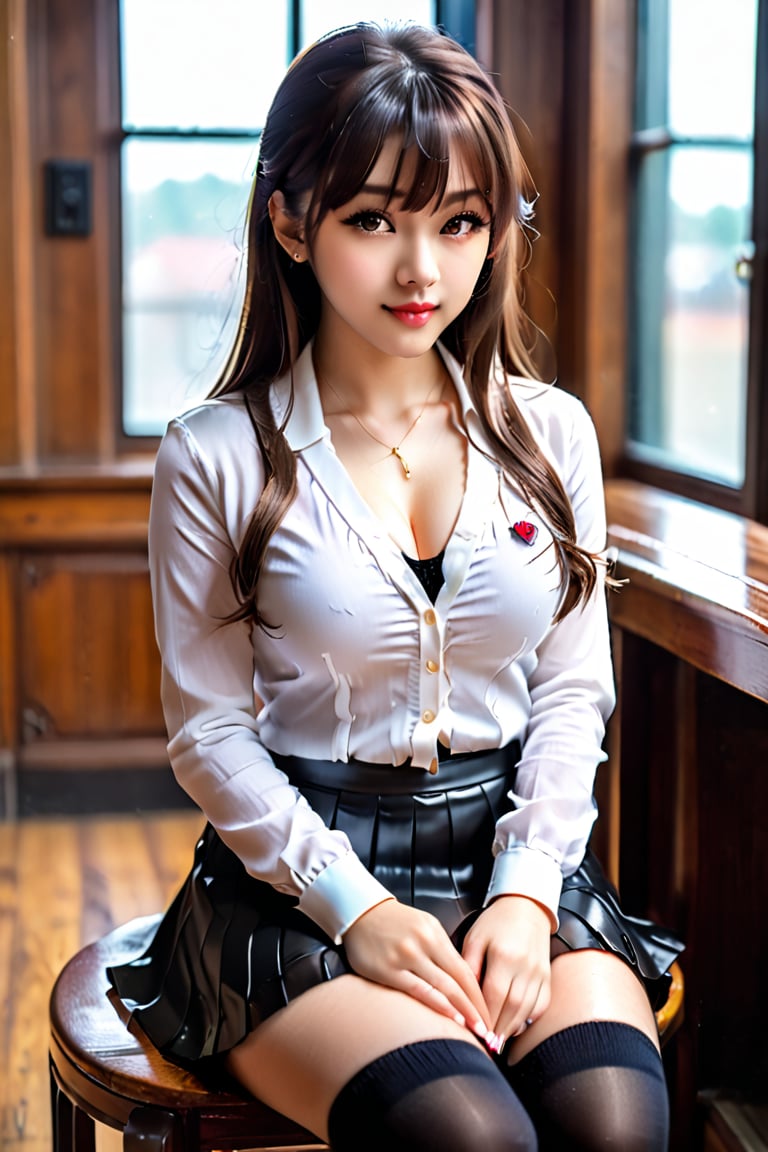 A young girl with bangs and long hair sits solo,  dressed in a fitted white dress shirt,  cardigan by Korsow on Tensor.Art
