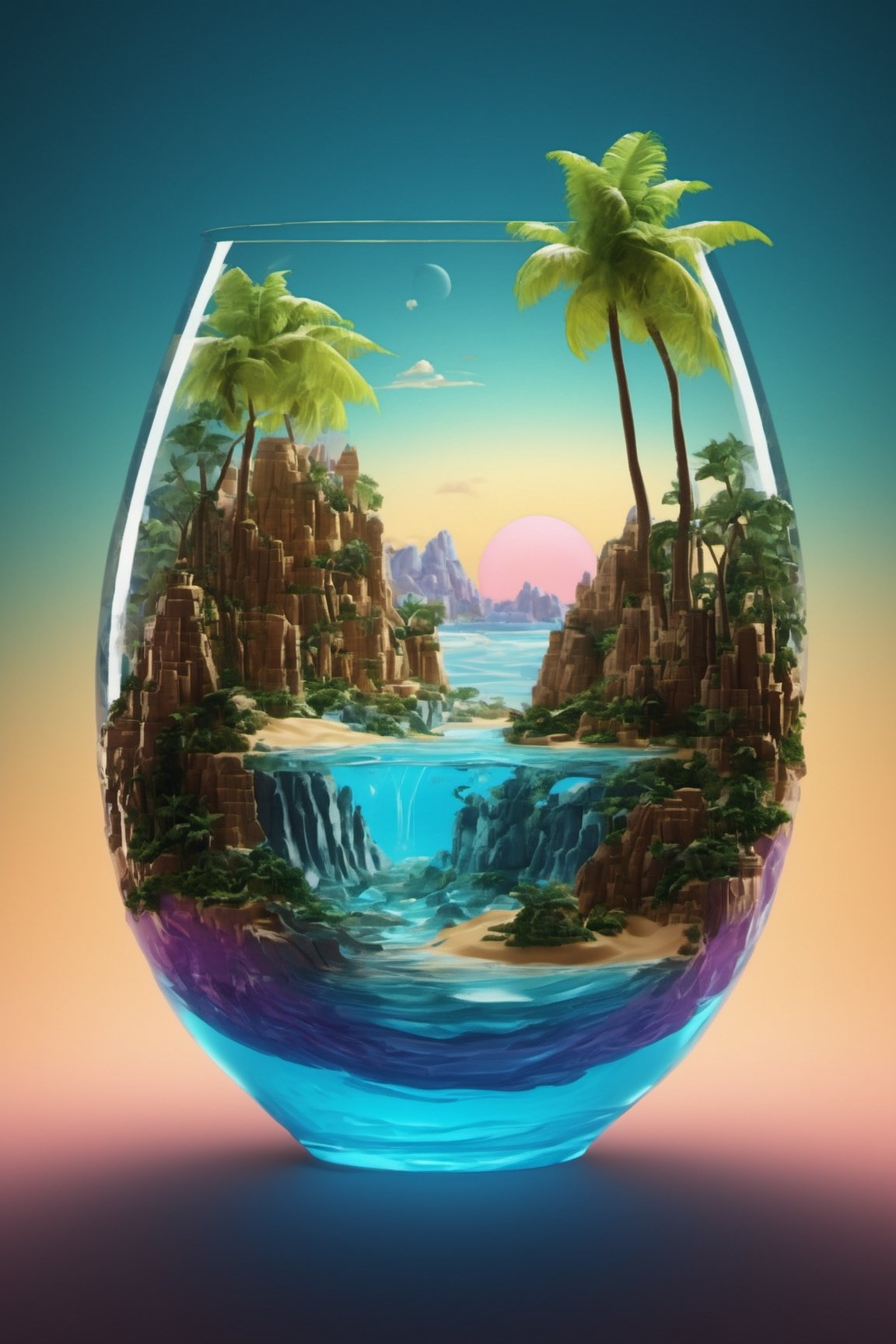 neonpunk style (Professional 3D rendering:1.3) of (Sketch:1.3)  a glass vase with a tropical island in it, surreal 3 d render, surreal water art, 3d render digital art, water art manipulation, full of glass. cgsociety, very detailed paradise, 4k highly detailed digital art, 3 d artistic render, oasis in the desert, surreal concept art, 3 d render beeple, rendered illustration,CGSociety,ArtStation . cyberpunk, vaporwave, neon, vibes, vibrant, stunningly beautiful, crisp, detailed, sleek, ultramodern, magenta highlights, dark purple shadows, high contrast, cinematic, ultra detailed, intricate, professional,LegendDarkFantasy