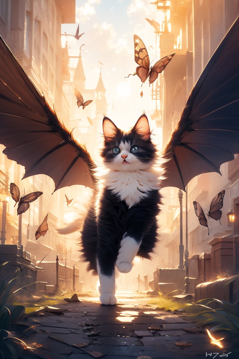 Cute demon cat,  adorned with sleek horns and delicate wings,  glides through the sky by Korsow on Tensor.Art