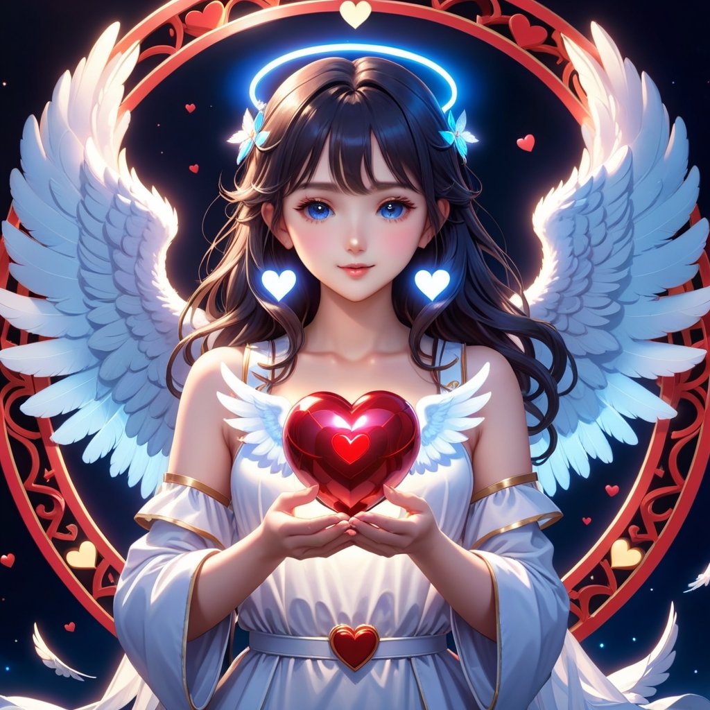 a girl with angel wings holding a heart, detailed game art illustration, 🎀 🪓 🧚, global illuminaition, an ai generated image, circle, 2 0 1 9 anime, focus on card, epic music album cover, lower quality, the artist has used bright, blue image, healer, reluvy5213