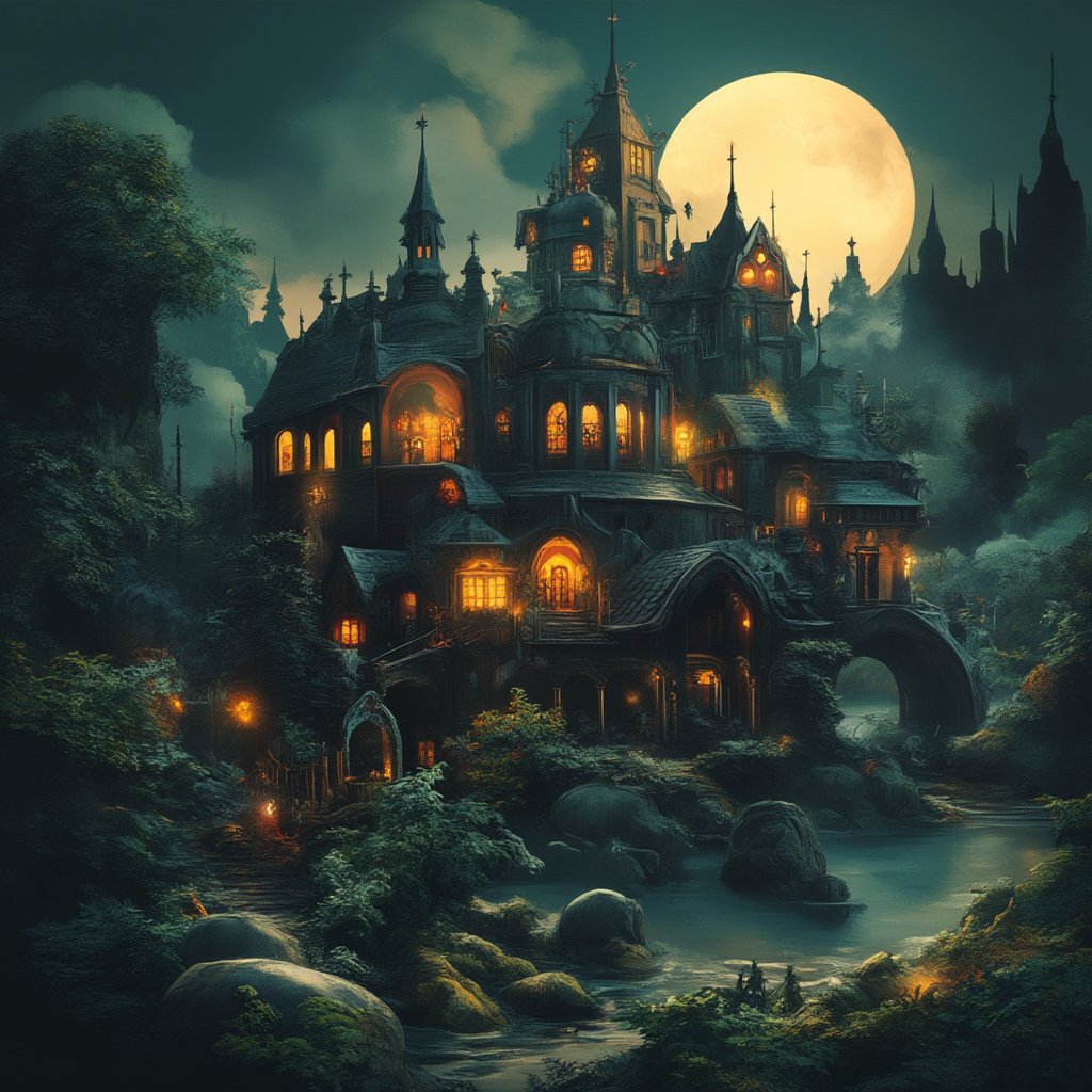 Moonlit Realm: A majestic turtle navigates through a veil of misty darkness, its shell transformed into a Gothic castle with intricate spires and arches aglow under the lunar light. The air is heavy with mystery as lush foliage surrounds the scene, blending rich textures with whimsical realism. Deep shadows and radiant highlights evoke an otherworldly atmosphere, reminiscent of Boris Vallejo's mystical realms.,vibrant painting,tangtengpho